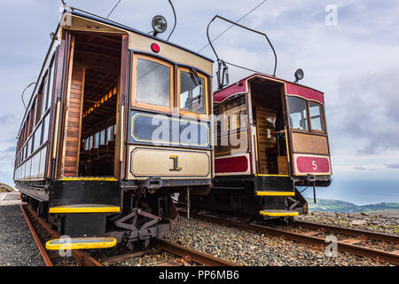 Snaefell ferrovia di montagna tram sul vertice, Isola di Man. Foto Stock