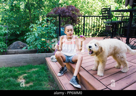 Tween Girl soffiare bolle con Labradoodle Puppy in cortile Foto Stock