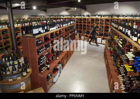 Portabottiglie in un negozio di vino: "Aux Cinq Sens", a Tain-l'Hermitage (sud-est della Francia), la vendita di vini e bevande spiritose Foto Stock