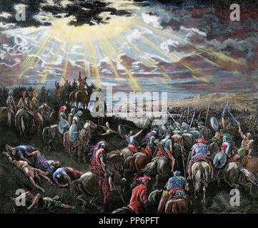 Joshua comandando il sole a riposare ancora. Jos 10:13. Così il sole si fermò e la luna alloggiato, fino a che la gente aveva vendicato stessi sui loro nemici. Dore illustrazione della Bibbia. Xix secolo. Colorati. Foto Stock