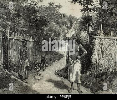 Imperialismo francese. L'Africa. Dahomey. Una strada di Porto-Novo. Residenza ufficiale del governatore francese. Incisione in spagnolo e illustrazione americana, 1890. Foto Stock