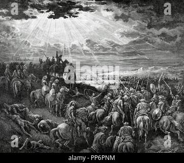 Joshua comandando il sole a riposare ancora. Jos 10:13. Così il sole si fermò e la luna alloggiato, fino a che la gente aveva vendicato stessi sui loro nemici. Dore incisione della Bibbia.del XIX secolo. Foto Stock