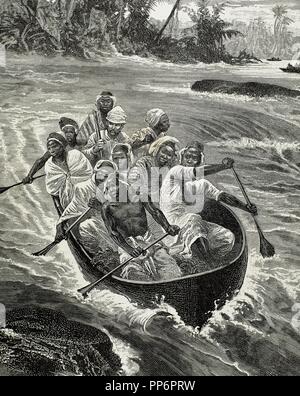 Henry Morton Stanley (1841-1904). Esploratore britannico. Stanley passa il fiume Congo Rapids. Incisione. Xix secolo. Foto Stock