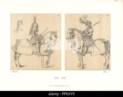 Cavaliere a cavallo, prima metà del XVI secolo. Cavaliere in armatura completa su un cavallo armati: una da uno studio di Albrecht Dürer e B da Hans Burgkmair. Chromolithograph da Hefner-Alteneck 'costumi, opere d arte e di apparecchi dal Medioevo al XVII secolo", Francoforte, 1889. Illustrazione dal dottor Jakob Heinrich von Hefner-Alteneck, litografata dallo I.M. Il dott. Hefner-Alteneck (1811-1903) era un museo tedesco curatore, archeologo, storico dell'arte, illustratore e incisore. Foto Stock