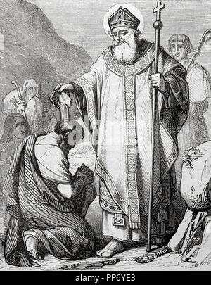 San Marziale fu il primo vescovo di Limoges oggi in Francia. Morì il 1° o 3° secoli. Incisione di Capuz. Ano Cristiano, 1852. Foto Stock