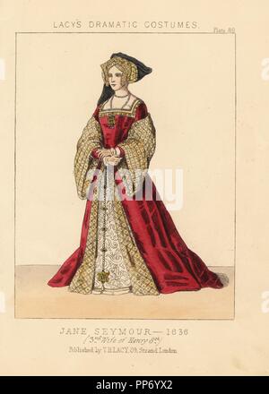 Costume di Jane Seymour, la terza moglie di Enrico VIII d'Inghilterra, 1536. Costume dopo un ritratto da Hans Holbein. Handcolored litografia dal Thomas Hailes Lacy 'costumi femminili, Storico Nazionale e drammatica in piastre 200', Londra, 1865. Lacy (1809-1873) era un attore britannico, drammaturgo teatrale di manager e publisher. Foto Stock