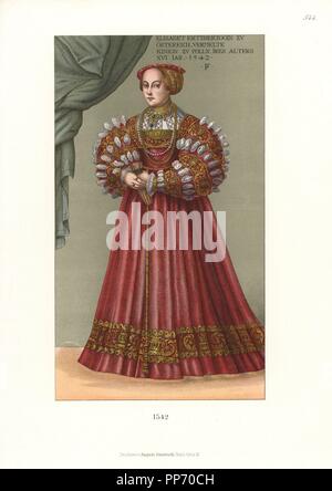 La regina Elisabetta di Polonia, nato l'Arciduchessa d'Austria (1526-1545). Indossa un abito di lusso ricamato in oro, con gioielli in oro e pietre preziose e di perle. Da un lifesize ritratto nel Museo di Norimberga con il monogramma F.P. Chromolithograph da Hefner-Alteneck 'costumi, opere d arte e di apparecchi dal Medioevo al XVII secolo", Francoforte, 1889. Il dottor Jakob Heinrich von Hefner-Alteneck (1811-1903) era un museo tedesco curatore, archeologo, storico dell'arte, illustratore e incisore. Foto Stock