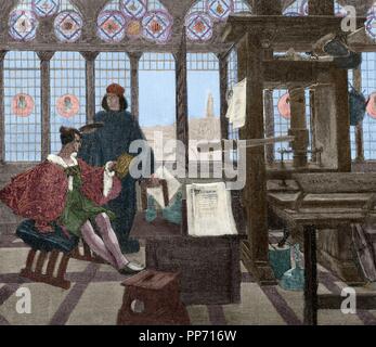 Aldus Pius Manutius (1449-1515). Umanista italiano . Incisione di Yenetta. Grolier (seduto) con Aldus Manutius. El Mundo Ilustrado, 1880. Incisione colorata. Foto Stock