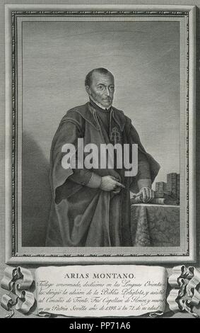 Benito Arias Montano (1527-1598). Lo spagnolo orientalista e editor di Anversa Polyglot. Incisione. Ritratto. Foto Stock