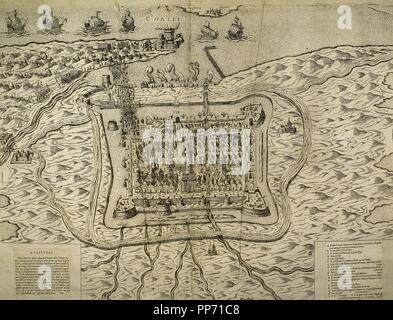 Cattura di Calais dall'inglese nel 1558 da Francesco de Lorraine, duca di Guisa, (gennaio 1558), che era stata sotto il dominio inglese per due secoli. Truppe inglesi occuparono Calais da agosto 1347 durante i cento anni di guerra. Incisione. Il XVI secolo. Foto Stock