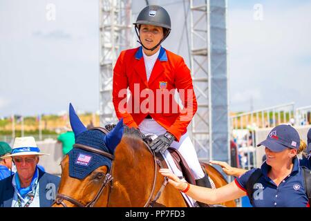 Tryon, North Carolina, Stati Uniti d'America. 23 Settembre, 2018. Adrienne Sternlicht Christaline equitazione. Stati Uniti d'America. FEI World singoli Jumping campionato. Showjumping. Giorno 12. Giochi equestri mondiali. WEG 2018 Tryon. Carolina del Nord. Stati Uniti d'America. 23/09/2018. Credito: Sport In immagini/Alamy Live News Foto Stock