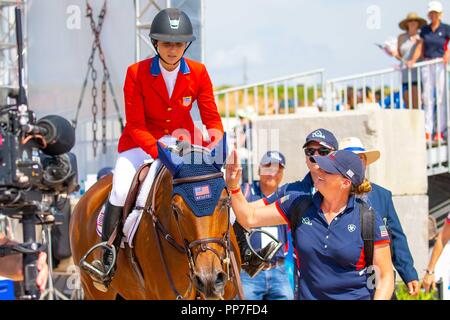 Tryon, North Carolina, Stati Uniti d'America. 23 Settembre, 2018. Adrienne Sternlicht Christaline equitazione. Stati Uniti d'America. FEI World singoli Jumping campionato. Showjumping. Giorno 12. Giochi equestri mondiali. WEG 2018 Tryon. Carolina del Nord. Stati Uniti d'America. 23/09/2018. Credito: Sport In immagini/Alamy Live News Foto Stock