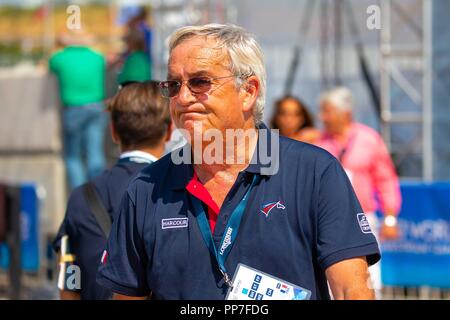 Tryon, North Carolina, Stati Uniti d'America. 23 Settembre, 2018. Philippe Guerdat. Chef francese D'Equipe. FRA.FEI World singoli Jumping campionato. Showjumping. Giorno 12. Giochi equestri mondiali. WEG 2018 Tryon. Carolina del Nord. Stati Uniti d'America. 23/09/2018. Credito: Sport In immagini/Alamy Live News Foto Stock