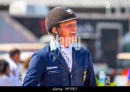 Tryon, North Carolina, Stati Uniti d'America. 23 Settembre, 2018. Fredrik Jonsson riding Coldplay. SWE. FEI World singoli Jumping campionato. Showjumping. Giorno 12. Giochi equestri mondiali. WEG 2018 Tryon. Carolina del Nord. Stati Uniti d'America. 23/09/2018. Credito: Sport In immagini/Alamy Live News Foto Stock