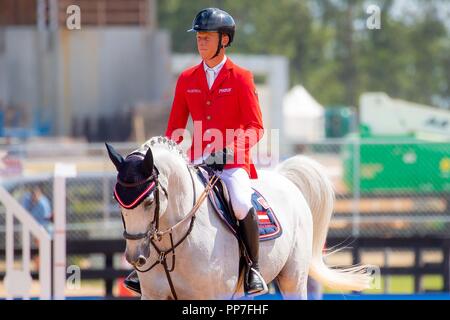 Tryon, North Carolina, Stati Uniti d'America. 23 Settembre, 2018. FEI World singoli Jumping campionato. Showjumping. Giorno 12. Giochi equestri mondiali. WEG 2018 Tryon. Carolina del Nord. Stati Uniti d'America. 23/09/2018. Credito: Sport In immagini/Alamy Live News Foto Stock