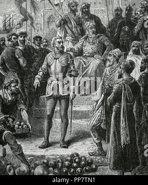 Alfonso de Albuquerque, duca di Goa (ca.1453-1515). Generale Portoghese. Viceré di India. Incisione raffigurante le munizioni che Albuquerque porta da loro navi verso la terraferma: proiettili, buckshots e bombe. Foto Stock