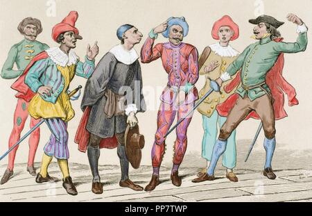 Commedia dell'arte italiana. Il XVI secolo. Incisione del XIX secolo. Colorati. Foto Stock