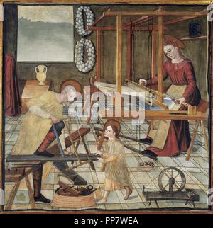 INFANCIA DE JESUS. " EL Taller de Nazareth". Pintura realizada sobre tela, obra de Mateu Lopez, hijo, hacia el 1580-1582. Retablo. Tamaño: 124 x 123,5 cm. (Con marco). Monasterio de Sant Bartomeu. Inca. Mallorca. Islas Baleares. España. Foto Stock