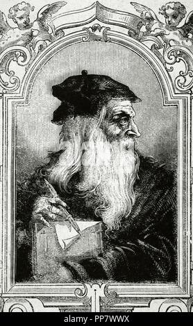 Leonardo da Vinci (1452-1519). Artista italiano. Incisione in spagnolo e illustrazione americana, 1872. Foto Stock