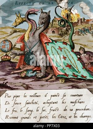 Il francese guerre di religione francese tra cattolici e protestanti ugonotti (). Marzo 1562-aprile 1598. Stampa di propaganda raffigurante Huguenot contro la lega cattolica,1594. Incisione colorata. Foto Stock