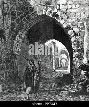 Israele. Gerusalemme. La Via Dolorosa. Street nella città vecchia dove si crede che Gesù camminava sulla via della sua crocifissione. Incisione. 'La Velada. Semanario Ilustrado', 1894. Foto Stock