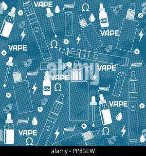 Vape shop o e-sigaretta store texture di sfondo su sfondo blu, illustrazione vettoriale Illustrazione Vettoriale