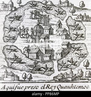 Cuauhtemoc (c.1495-1522/25). Righello Mexica (tlatoani di Tenochtitlan (1520-1521) e l'ultimo imperatore azteco. Luogo in cui l'imperatore fu incarcerato dopo essere stato catturato da Hernan Cortes nel 1521. Incisione in "Historia verdadera de la conquista de Nueva Espan un', 1726. Foto Stock