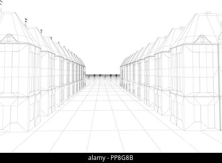 Illustrazione Vettoriale di case disposte in due file. Isometry. Profilo di contorno. Illustrazione Vettoriale