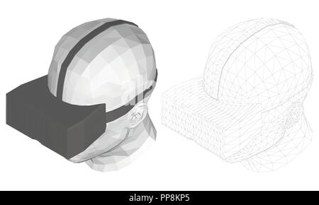 Testa poligonale di un uomo in realtà virtuale occhiali. Isometry. La testa di un uomo in nero bicchieri di realtà virtuale 3D. Mesh che copre la testa. Due egli Illustrazione Vettoriale