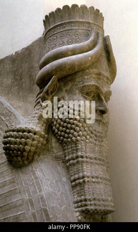 Lamassu dal palazzo di Sargon II Gli Assiri. Dettaglio della testa. 706 BC. Khorsabad Palace. Il museo del Louvre. Parigi. La Francia. Foto Stock