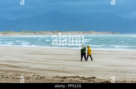 Giovane a camminare in una tempesta di sabbia in spiaggia Llanddwyn , Newborough, Isola di Anglesey, Galles del Nord, Regno Unito. Presa sul XXI Septembe 2018. Foto Stock