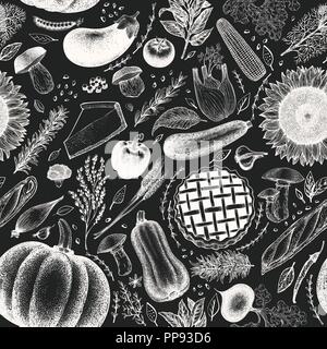 Felice giorno del Ringraziamento seamless pattern. Vettore disegnati a mano illustrazioni su chalk board. Sfondo di ringraziamento in stile retrò con la vendemmia, verdure, pasticceria, panetteria. Autunno sfondo. Illustrazione Vettoriale