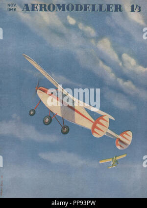 Coperchio Vintage della rivista Aeromodeller datata novembre 1946 mostra un dipinto di Charles Rupert Moore di modellini di aeroplani da lo stesso periodo.Aeromodeller è stata una popolare rivista per il modello e il controllo radio gli appassionati di volo pubblicato per la prima volta nel novembre 1935 e andato fuori della pubblicazione nel febbraio 2001 ma è stato portato nuovamente in stampa come un supplemento di aviazione Modeller International Foto Stock