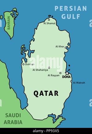 Mappa di Qatar. Profilo illustrazione mappa del paese con le principali città. Illustrazione Vettoriale