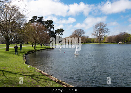 Il modello yacht della vela sul lago Victoria, Hagley Park, Christchurch, Nuova Zelanda. Foto Stock