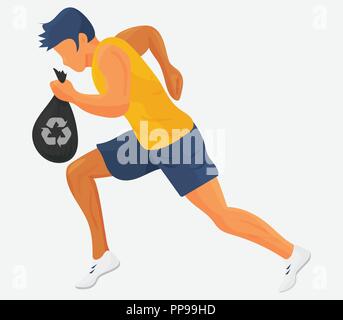 Plogging illustrazione vettoriale: esecuzione di atleta con un sacco di immondizia og o cestino. Runner con un sacco di immondizia plogging o rifiuti di pulizia isolato. Illustrazione Vettoriale