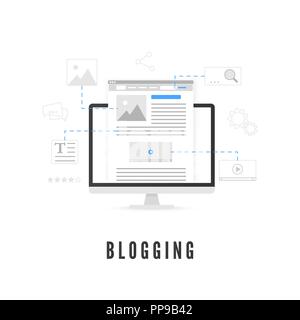 Blogging o contenuti concetto di produzione. Sviluppo di un sito web sulla schermata del PC da diversi elementi. Illustrazione Vettoriale Illustrazione Vettoriale