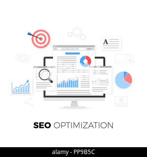 Ottimizzazione SEO concetto. Strategia di ottimizzazione del motore di ricerca. Analisi dei dati. Lo sviluppo di contenuti e di produzione. Illustrazione Vettoriale Illustrazione Vettoriale