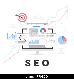 Ottimizzazione SEO concetto. Ottimizzazione per i motori di ricerca. SEO i contenuti di marketing. Web analytics design. Illustrazione di vettore isolato su sfondo bianco Illustrazione Vettoriale