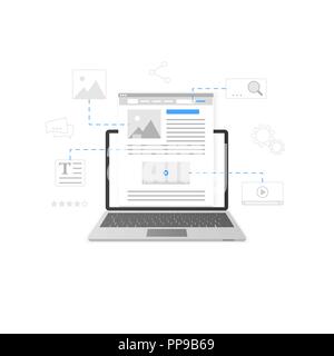 Sviluppo di un sito web. Il blogging e produzione di contenuti concetto. Business servizio di blog. Illustrazione Vettoriale Illustrazione Vettoriale