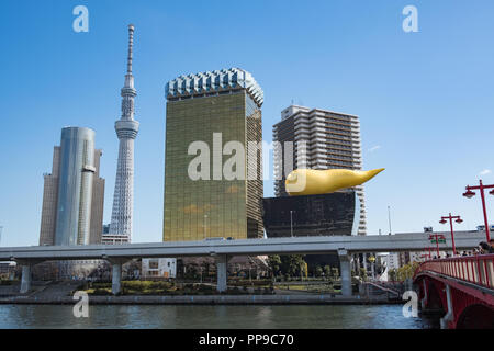 TOKYO, Giappone - 13 FEB 2018: Asakusa skyline di Tokyo Sky Tree e Asahi super dry edificio e fiume Sumida di giorno Foto Stock