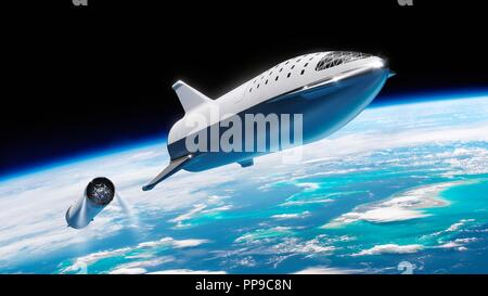 Il rendering di artisti della SpaceX BFR o Big Falcon Rocket mostrato soffiatura da terra. Il finanziati privatamente next-generation completamente riutilizzabile di veicoli di lancio e veicoli spaziali il sistema è in fase di sviluppo da SpaceX. Foto Stock