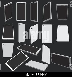 Insieme con i telefoni cellulari in diverse posizioni. 3D. Gli smartphone in diversi angoli. Telefoni in una vista isometrica. Illustrazione Vettoriale. Illustrazione Vettoriale