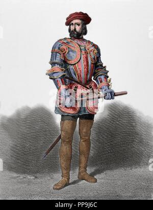 Hernan Cortes (1488-1547). Conquistatore spagnolo del Messico. Ritratto. Incisione. Colorati. Foto Stock