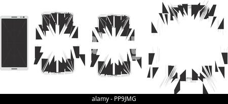 Esplosione di telefono. La sequenza dell'esplosione del telefono. Il telefono si divide in un sacco di schegge. Illustrazione Vettoriale. Illustrazione Vettoriale