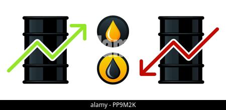 Icone barile di petrolio, riduzione e aumento dei prezzi del petrolio Illustrazione Vettoriale