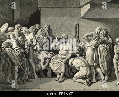 Socrates (c.469-399 BC). Greco classico filosofo. La morte di Socrate. Egli è stato condannato a morire da veleno di bere la cicuta. Incisione. Xix secolo. Foto Stock