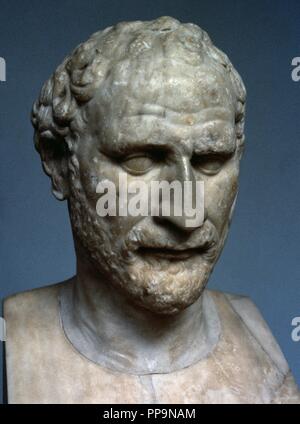 Demosthenes (384-322 AC). Politico e oratore ateniese. Busto. Copia romana di un originale greco da Polyeuktos, eretta nell'agorà di Atene nel 280 A.C. British Museum. Londra. In Inghilterra. Foto Stock