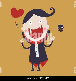 Carino dracula personaggio dei fumetti vestita di nero e rosso cape sorridente con grande bocca aperta e bat per Happy happy Halloween giorno illustrazione vettoriale EPS10 Illustrazione Vettoriale
