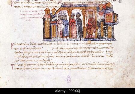 Grand Princess Olga visitando Costantino VII (miniatura di Madrid Skylitzes). Museo: Biblioteca Nacional, Madrid. Autore: anonimo. Foto Stock